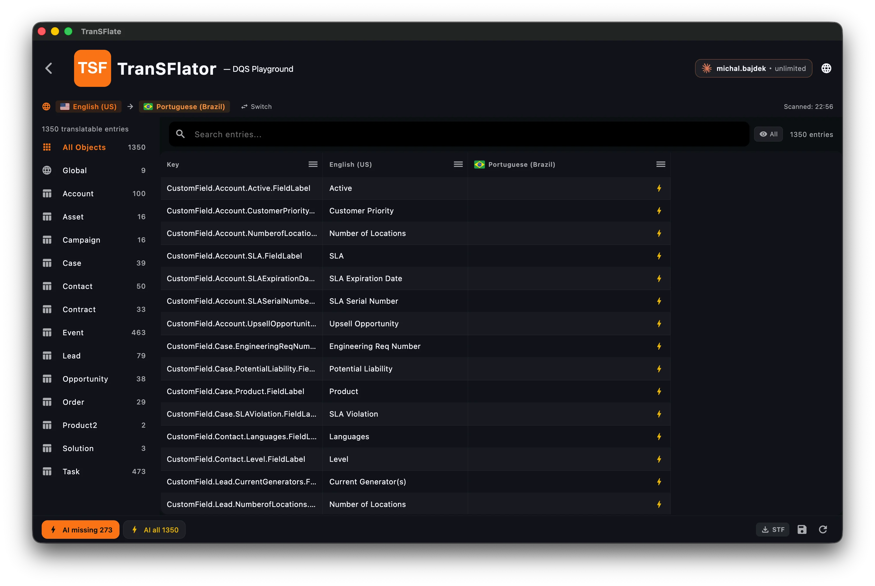 Translation grid with source and target columns