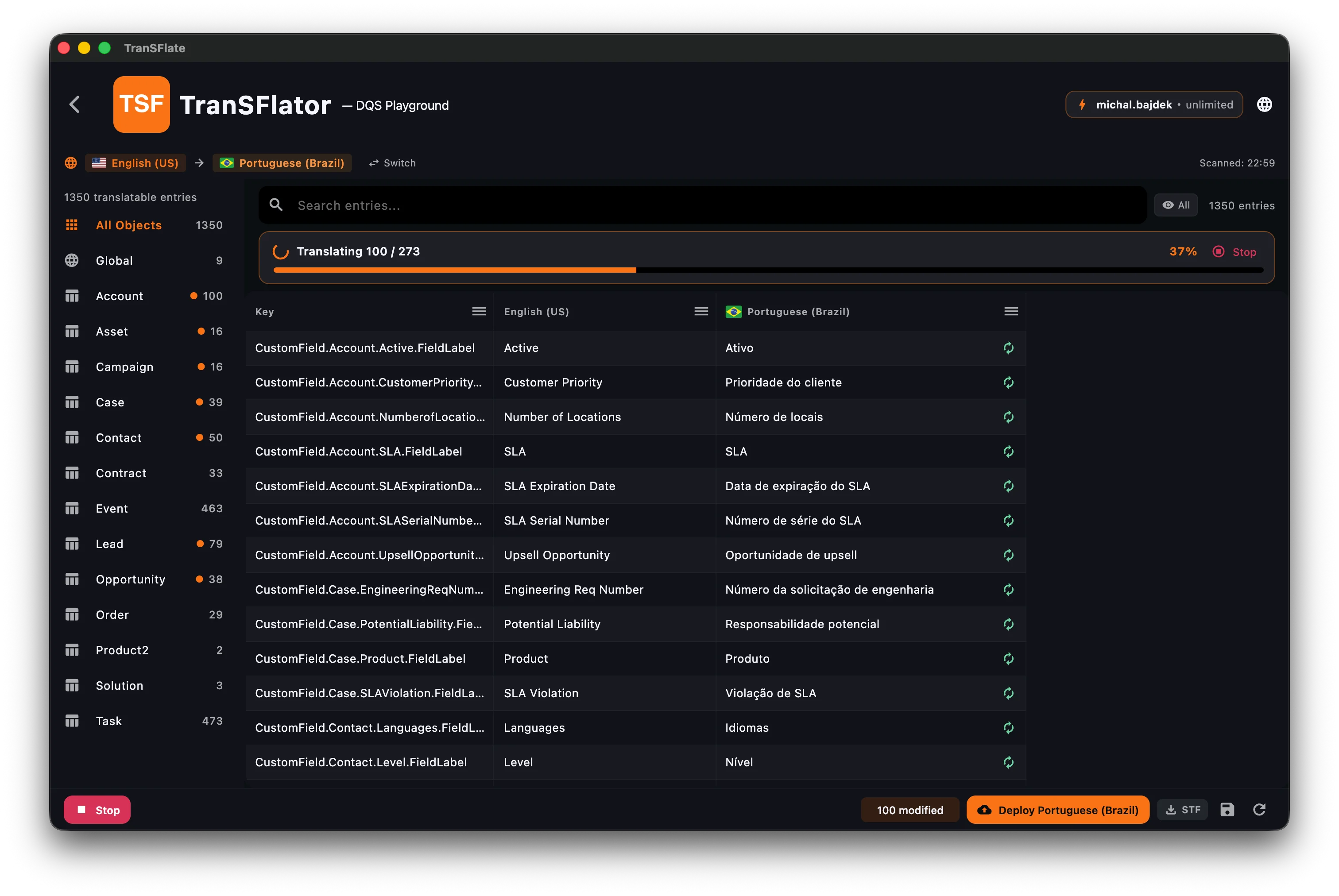 AI translation in progress across all objects
