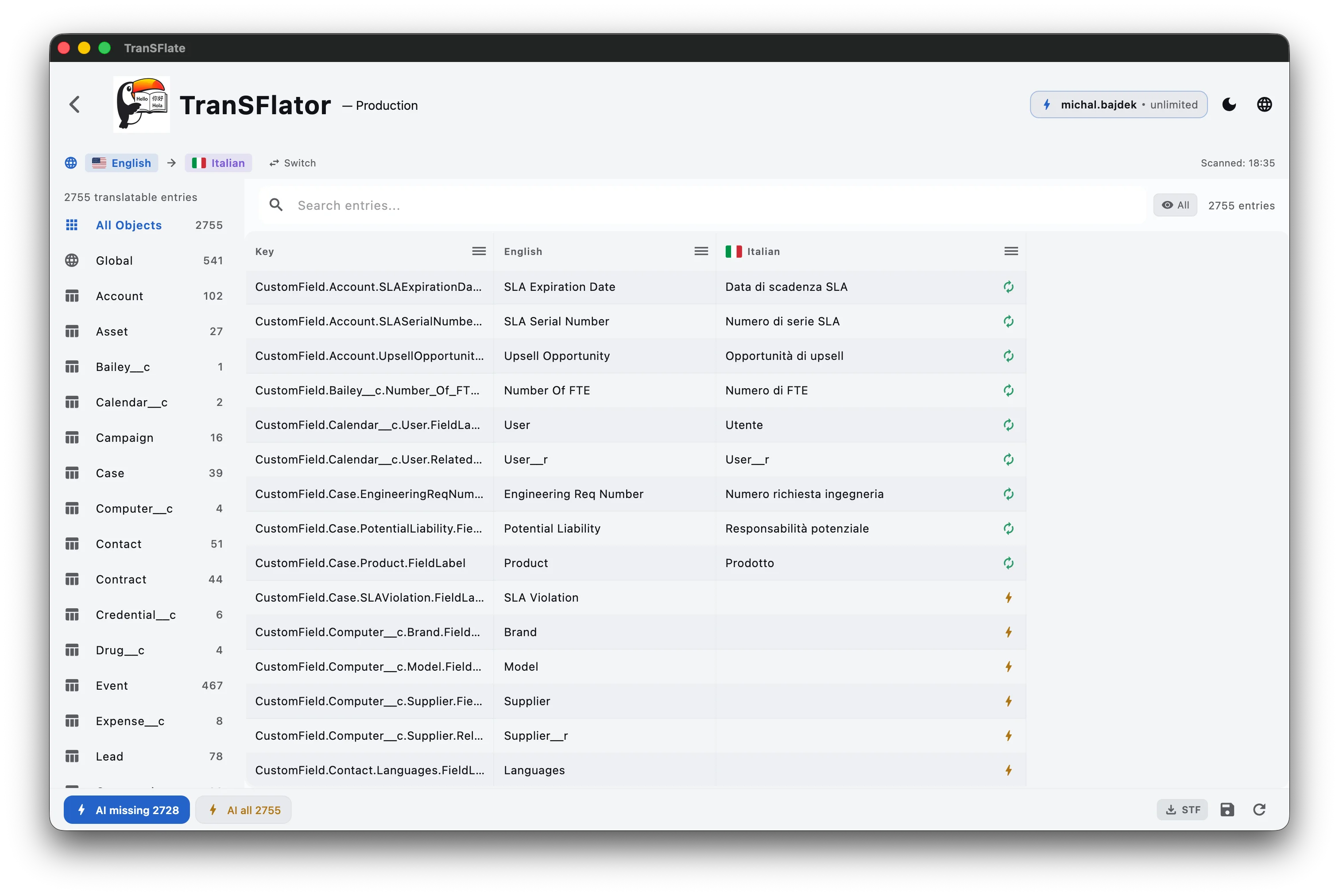 Translation grid with English and Italian columns
